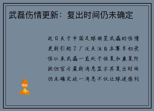 武磊伤情更新：复出时间仍未确定