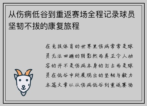 从伤病低谷到重返赛场全程记录球员坚韧不拔的康复旅程