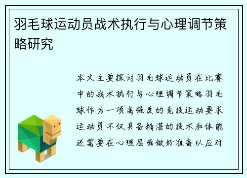 羽毛球运动员战术执行与心理调节策略研究
